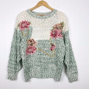 80s Vintage Sweater Womens Size Large Appliqué Floral Pearls Knit Shoulder Pads